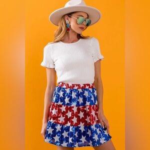 BiBi American Flag Theme Star Sequin Tiered Skirt